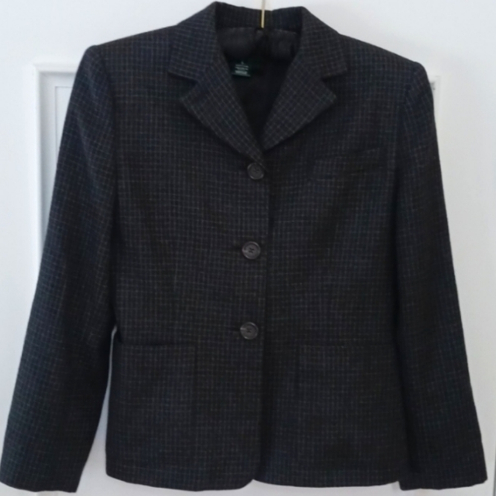 Ralph Lauren Dark Charcoal Plaid Wool Blazer